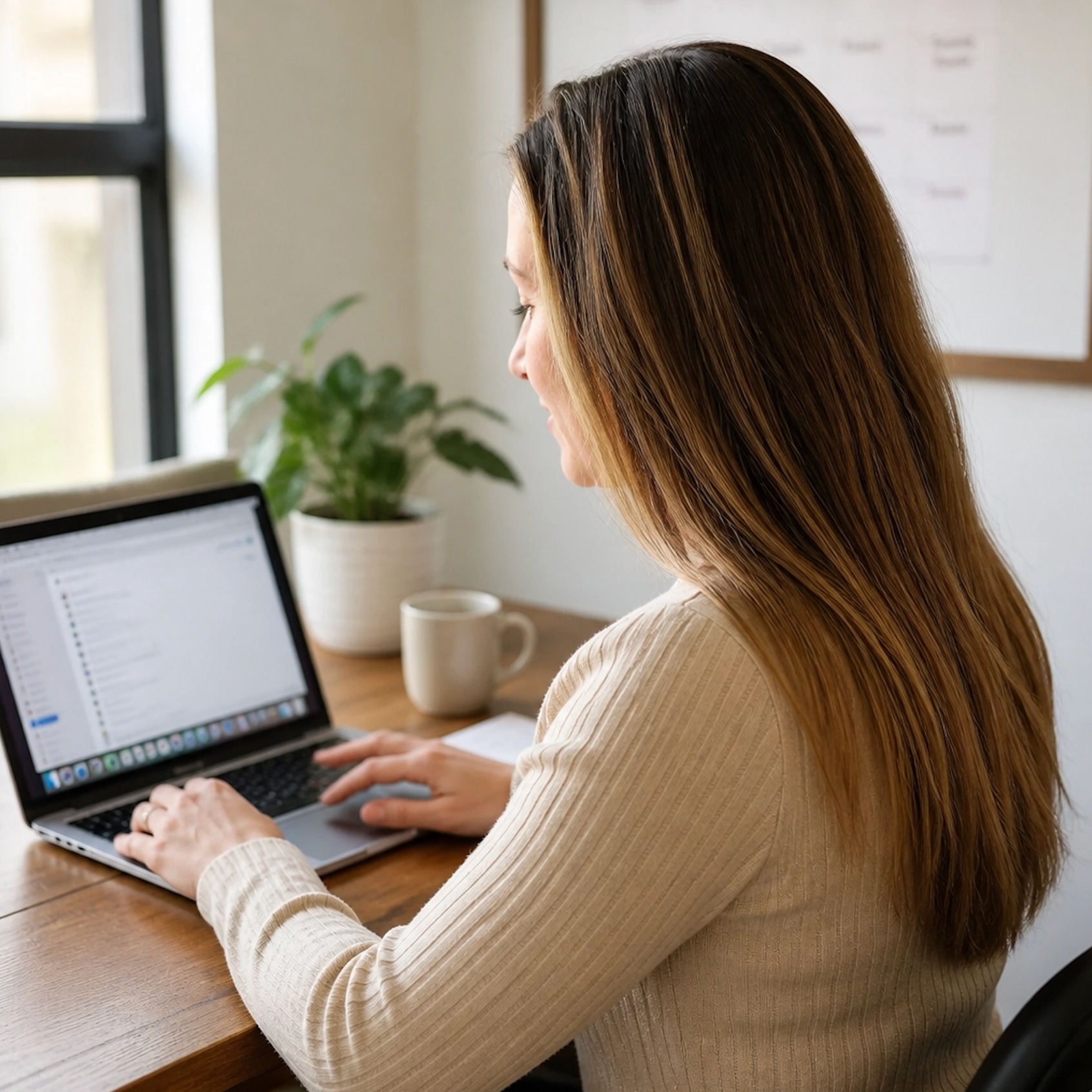 Brittany Meyers working at her laptop in her West Michigan home office