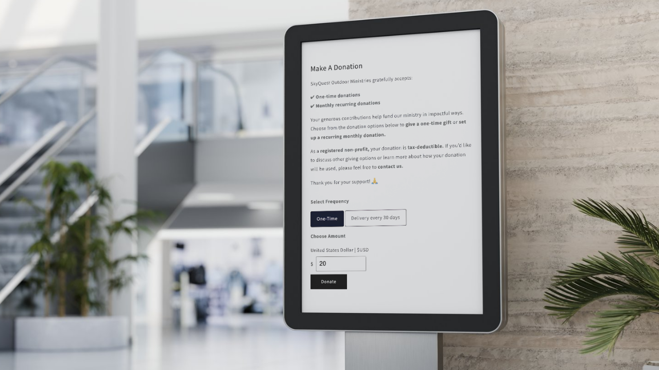 SkyQuest Outdoor Ministries donation flow shown on a device