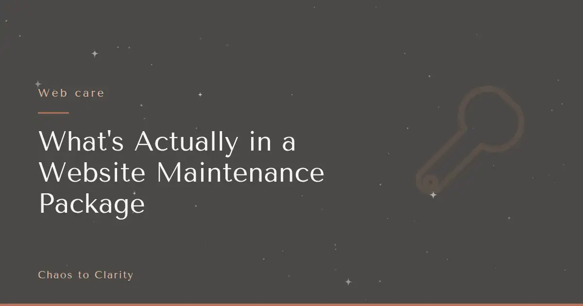 Web care — article title card for the Chaos to Clarity blog post What's Actually in a Website Maintenance Package
